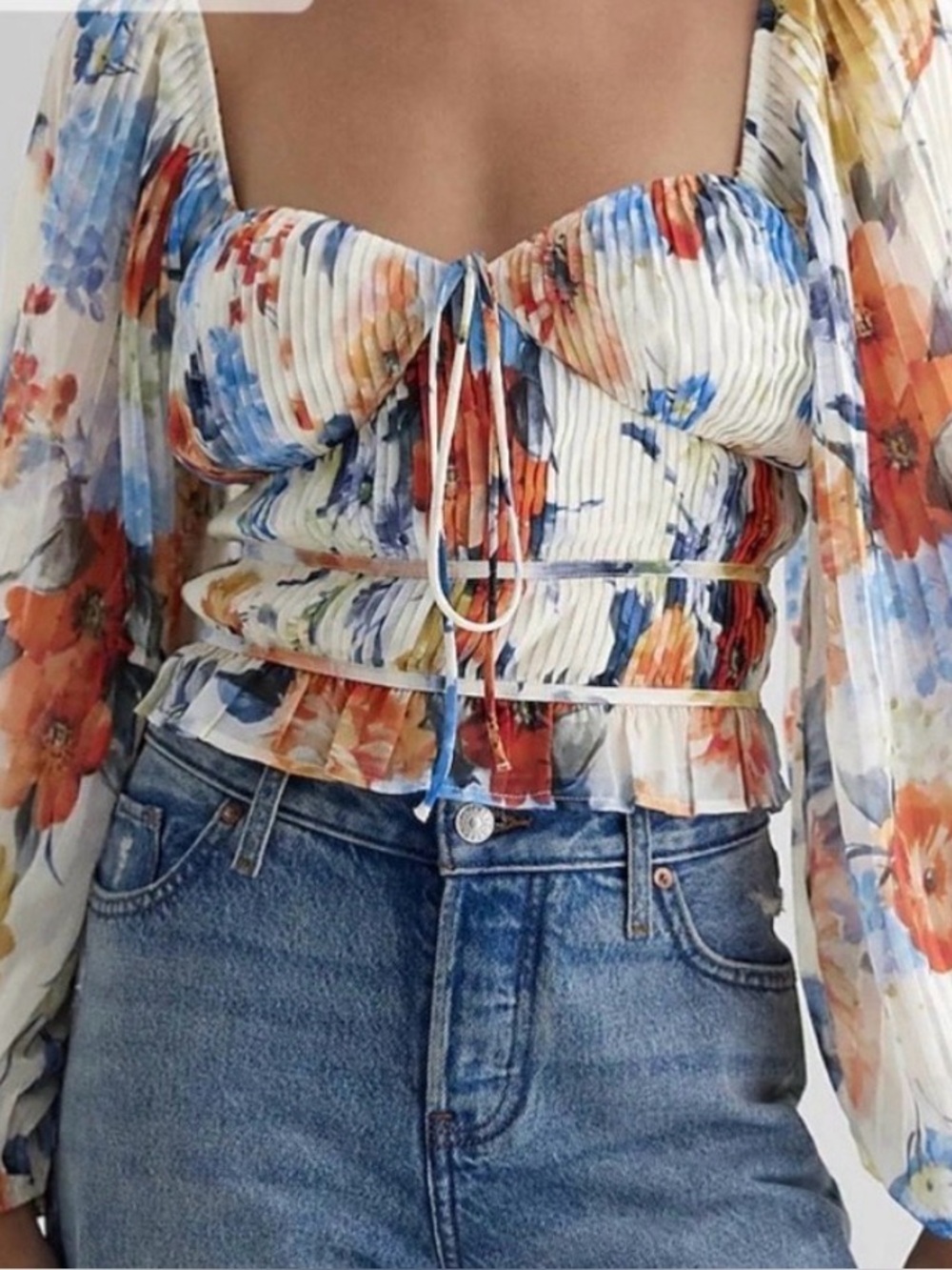 Express White Multi Floral Smocked Tie-Front Crop Top